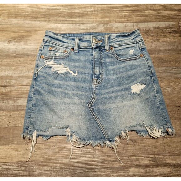 AMERICAN EAGLE HI-RISE RAW HEM DENIM MINI SKIRT SIZE 0 - Picture 1 of 7